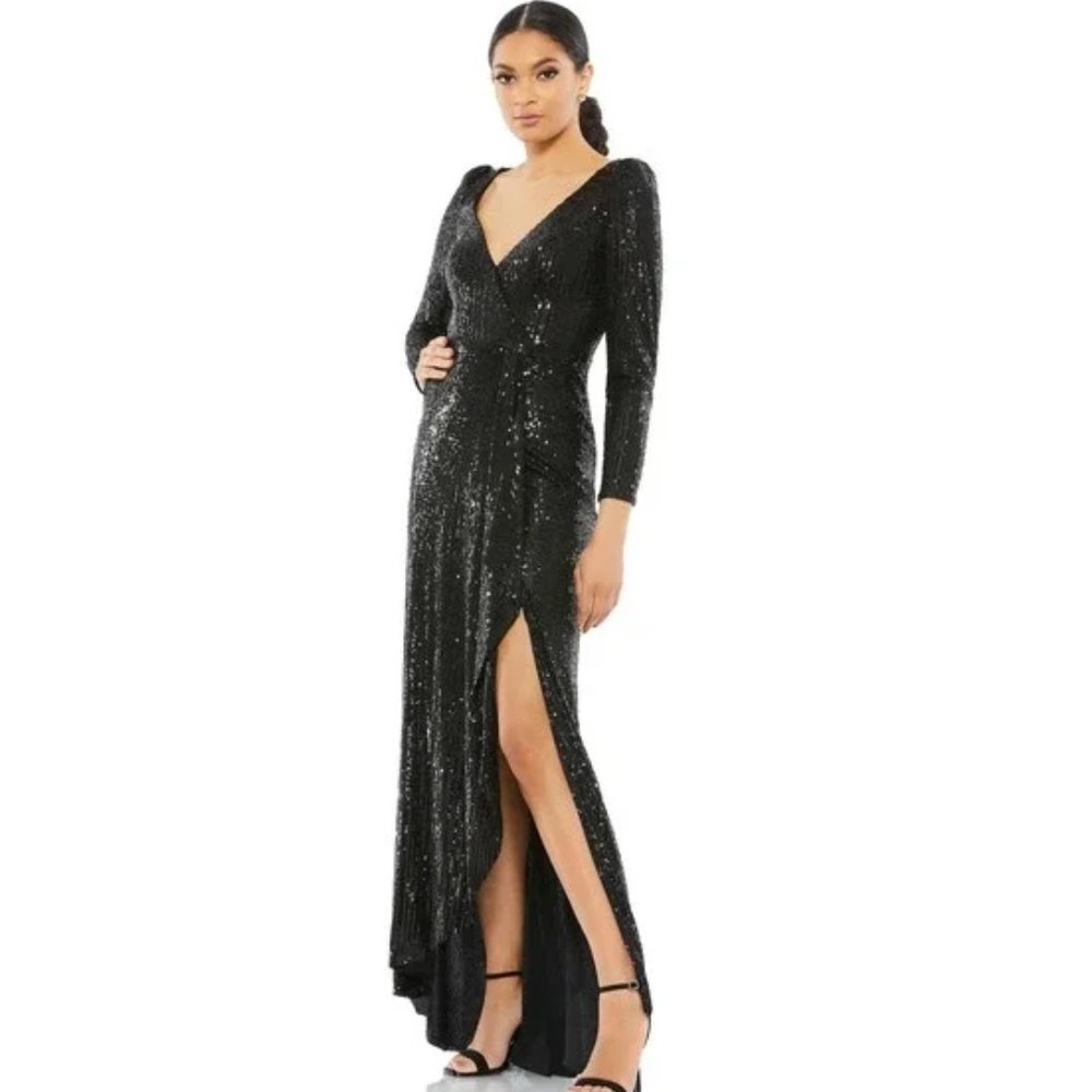 ⭐️ IEENA $398 for MacDuggal SEQUIN WRAP EVENING GOWN Black NWT Size 4